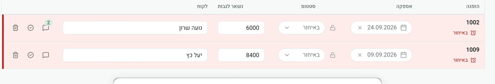 רשימת הגבייה: שתי הזמנות באיחור, עם הסכום שנשאר לגבות ושם הלקוח